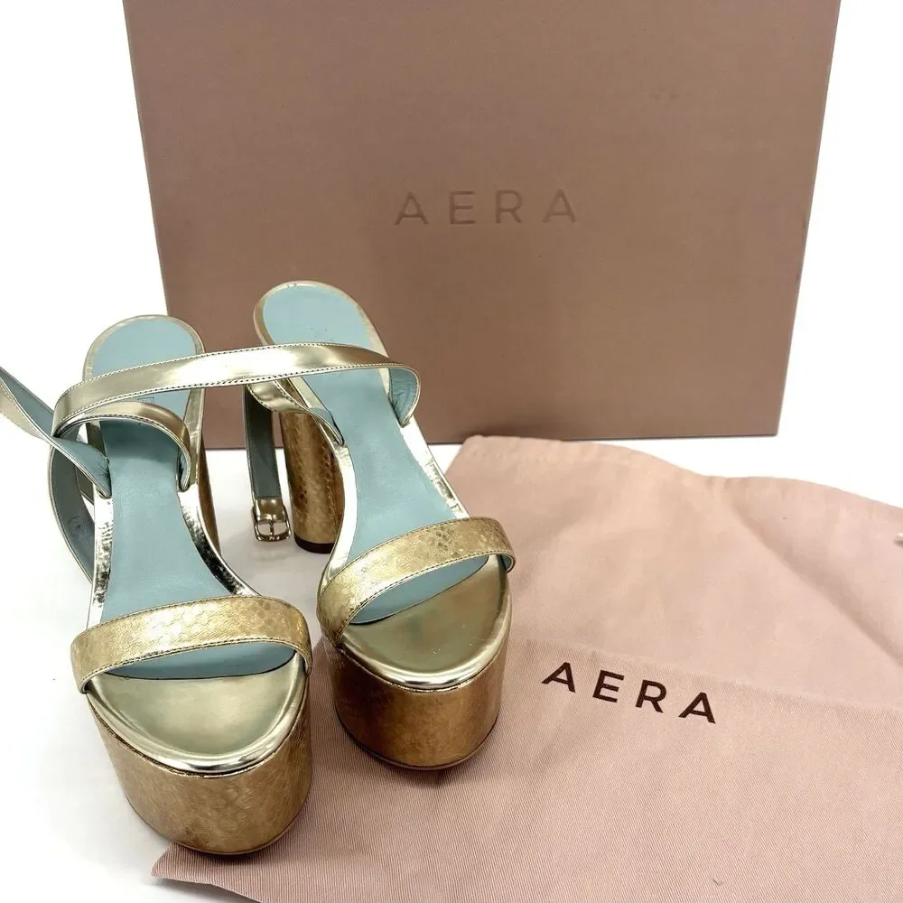 Aera Bianca Platform Block Heel Sandal Gold Python-Effect 8.5 Dust Bag/Box $395